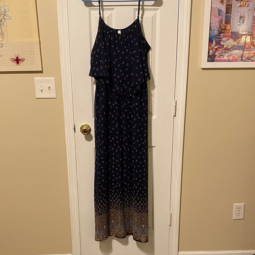 Maxi Dress Dark Blue with floral Accents